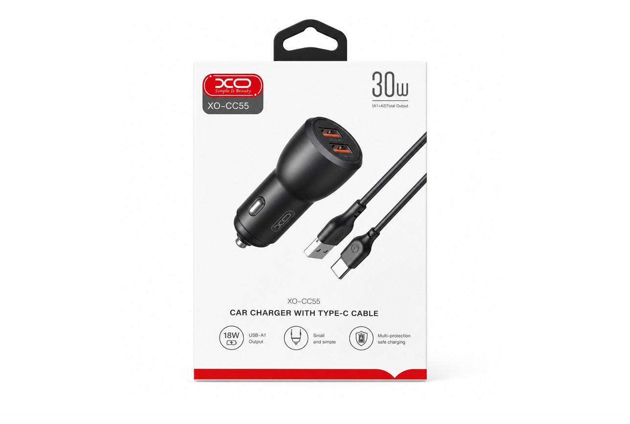 מטען לרכב + כבל Type-C XO-CC55 · 30W · 2 יציאות USB